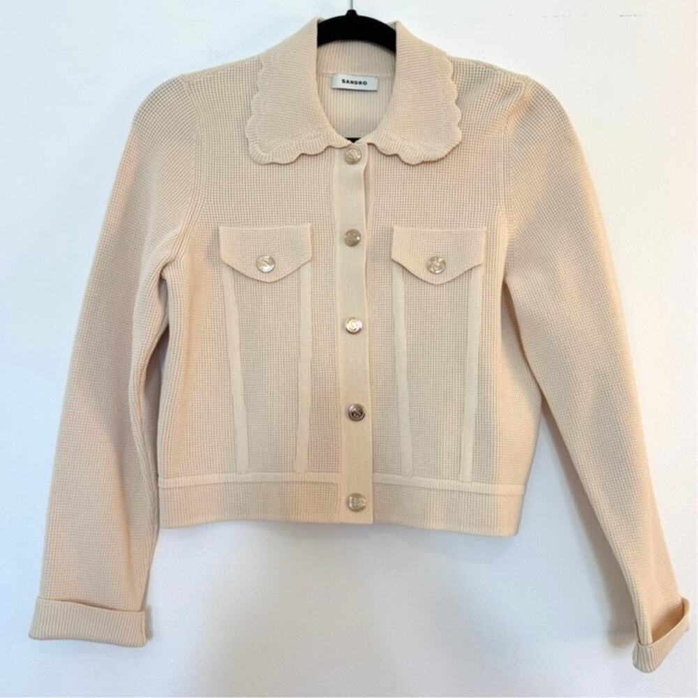 Sandro Fancy Stitch Knit Cardigan Ivory Scallop Collar FR 2 US 6 Old Money